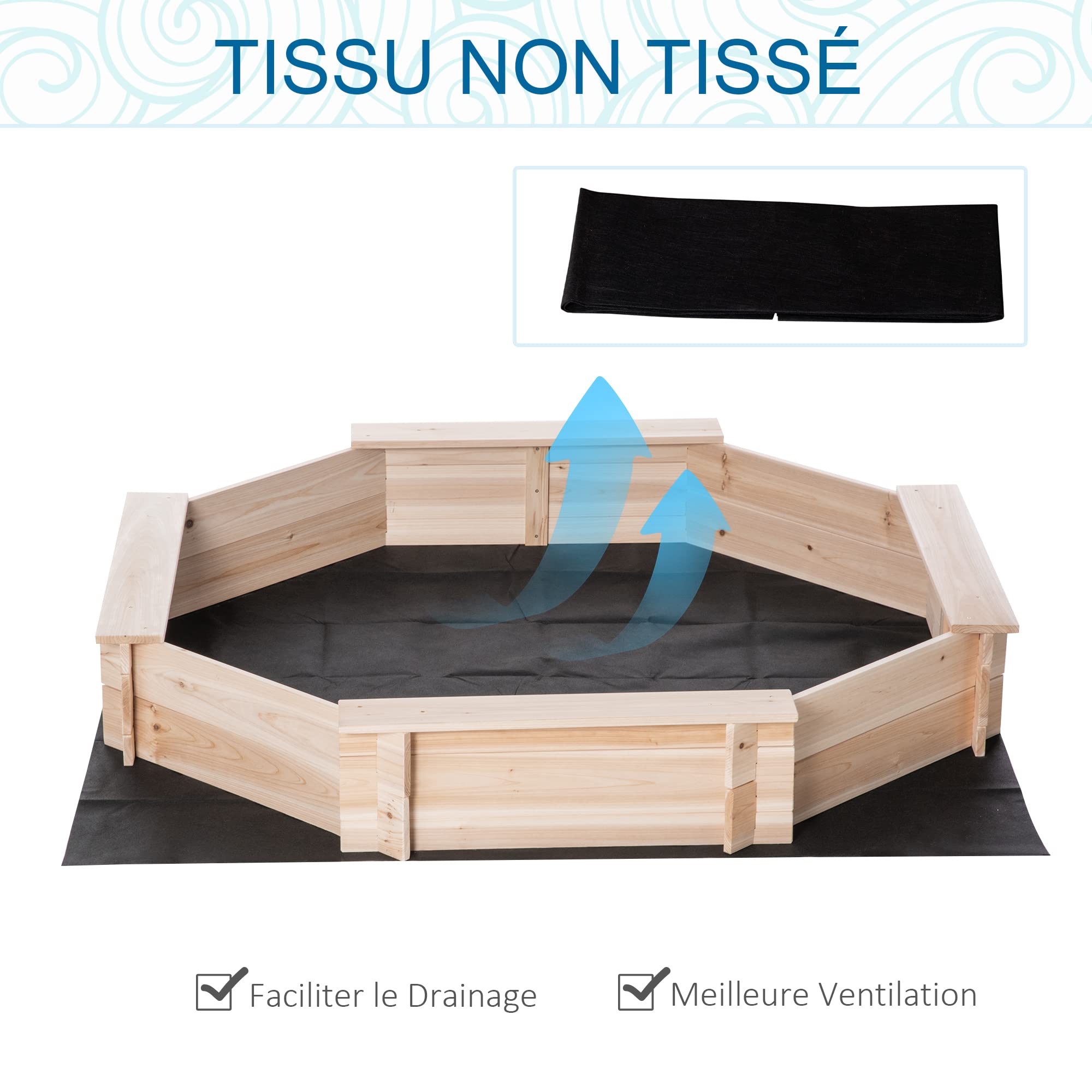 Outsunny Bac à sable en bois massif, octogonal, 140x140x21,5cm, 4 bancs avec bâche de couverture et sol non tissé, protection UV, facile à installer, jeux extérieur pour jardin, maison, plage, naturel