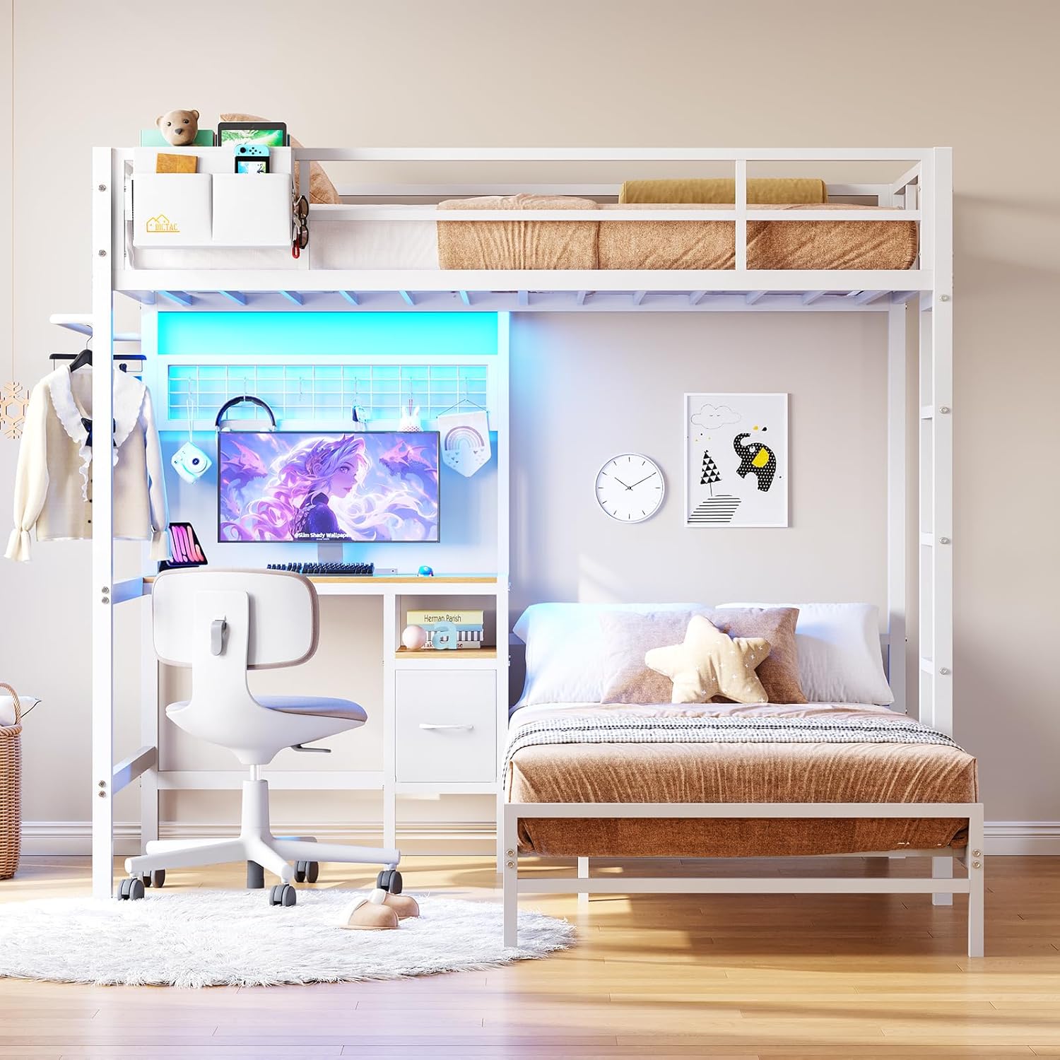 DICTAC Bunk Bed with RGB LED lights activated.