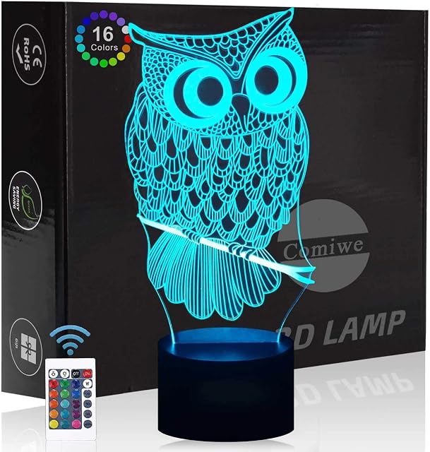 Comiwe Owl (A) 3D Illusion Night Light Toys,16 Colours Change Smart Touch & Remote Control,Home Decor LED Bedside Table Desk Lamp,Christmas Birthday Gift for Girls Boys Kids Adults Friends & Family