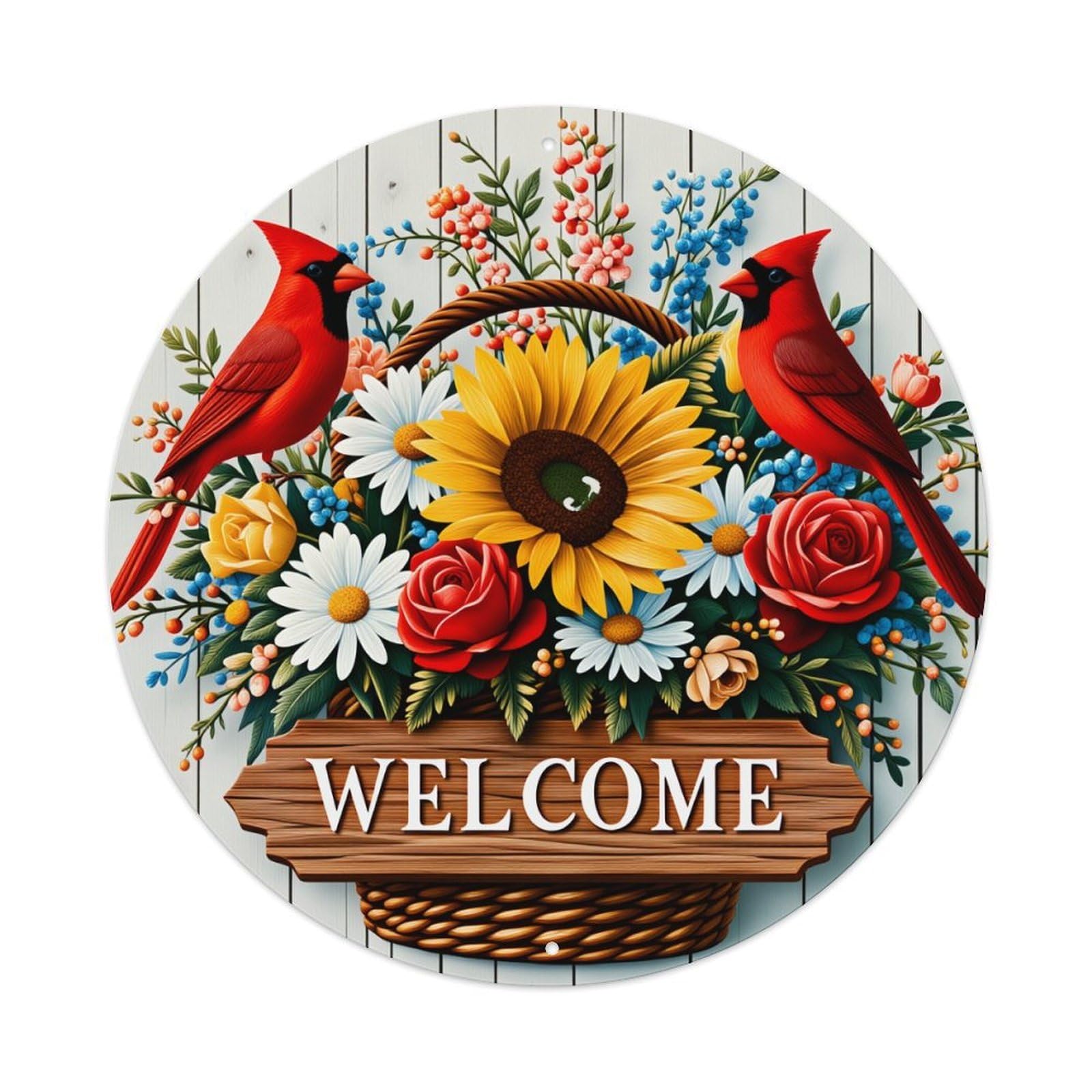 Cardinal Birds Flowers Basket Welcome Metal Tin Sign Vintage Garden Bedroom Cafe Bar Man Cave Home Wall Decor Metal Poster 8x8 inches