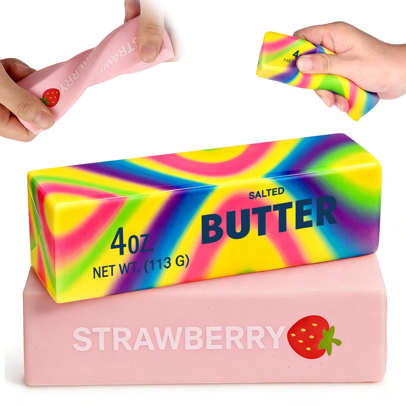 2PCS Butter Squishy, Butter Stick Squishies Stress Balls, Slow Rebound But-ter Stick Squeeze Toy, But-ter & Rainbow Strawberry Squishy, Anxiety Relief Fidget Toy for Kids Adults Office Home