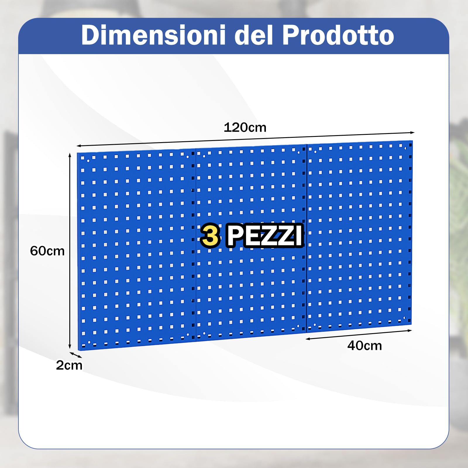 COSTWAY Kit 3 Pannelli Porta Attrezzi da Parete 60 x 40 cm, Pannello Forato Portaoggetti con 24 Ganci e Supporti, Pannello Portautensili per Officina e Garage (Blu)