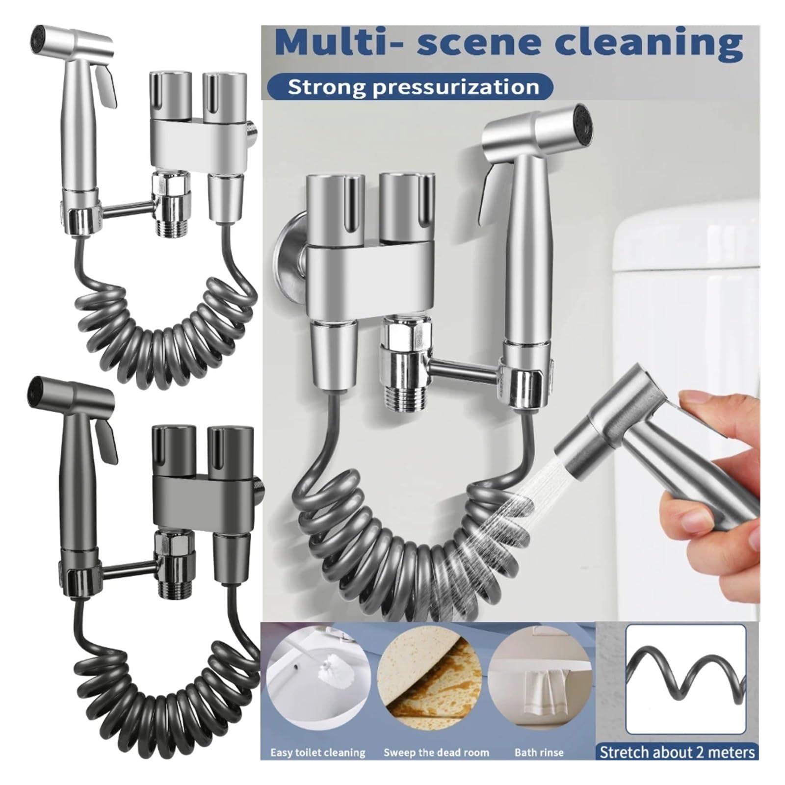 Juego de pulverizador de bidé de mano for inodoro, pistola pulverizadora de acero inoxidable for baño, ducha, limpieza, accesorios de higiene personal(Sliver)