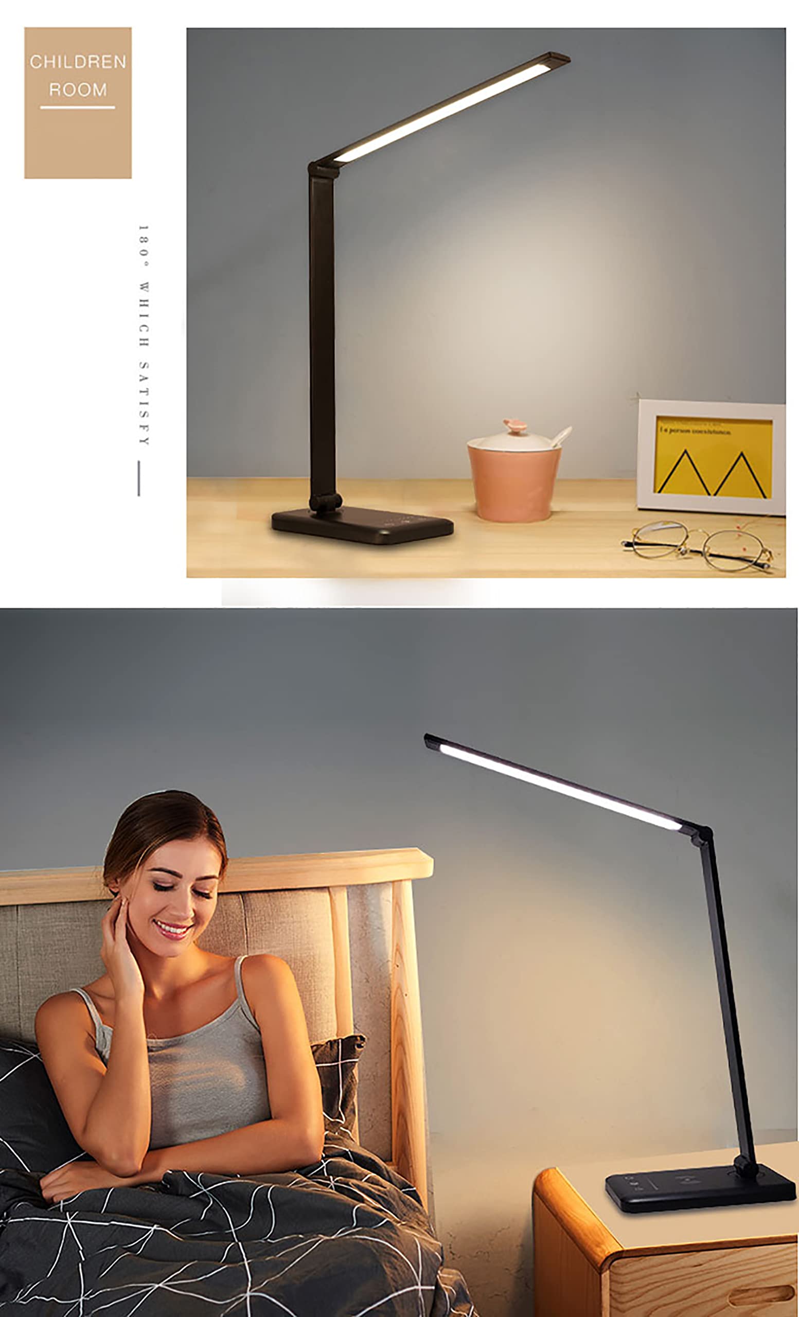 Popuway LED-Schreibtischlampe, augenschonende Tischlampe mit USB-Ladeanschluss, Tischleuchte, dimmbar, Touch 5 Farbmodi, Touch-Bedienfeld, faltbares Licht zum Lesen, Malen, Schlafzimmer (schwarz)
