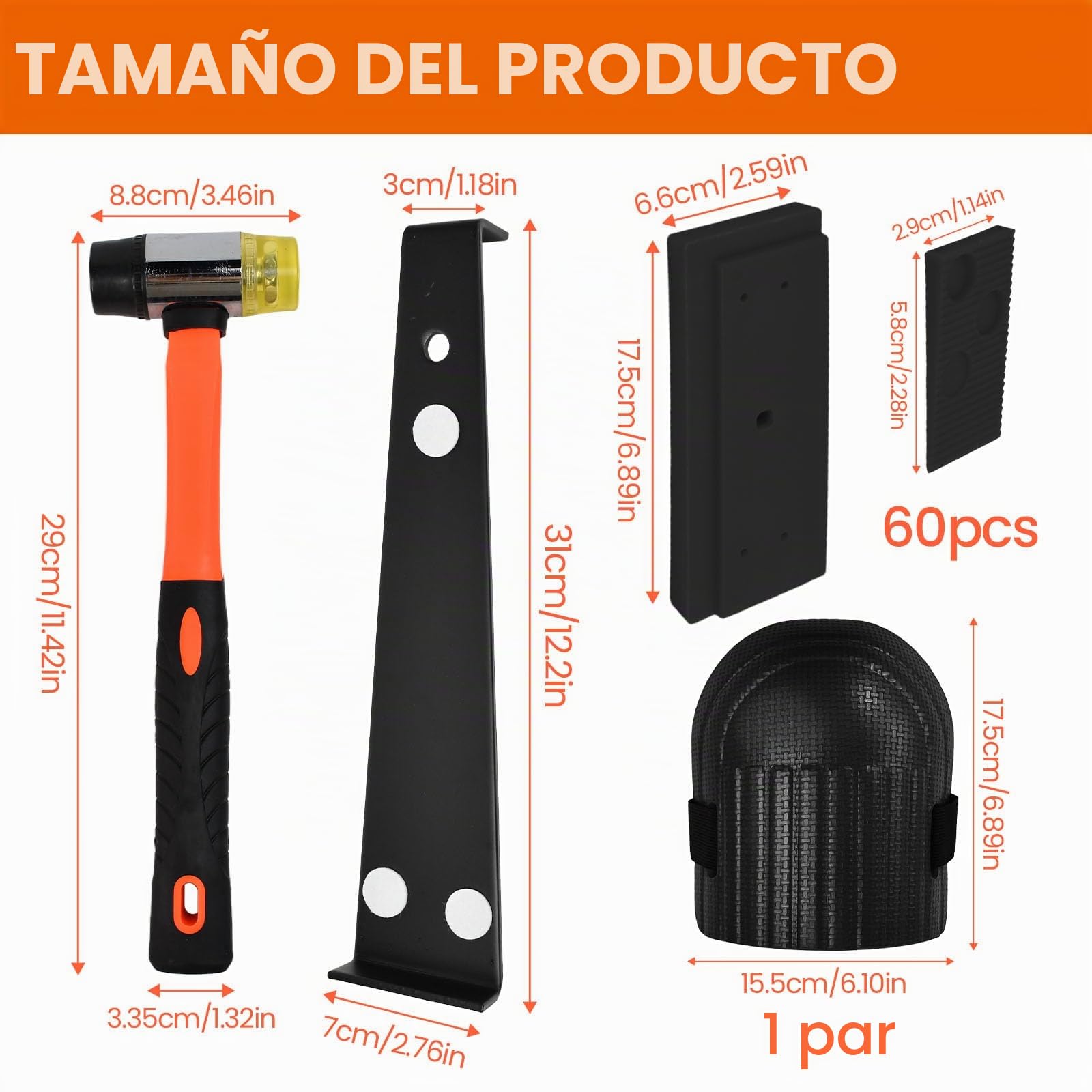 Kit de Instalación de Suelo Laminado, 65 PCS Herramientas para Piso Laminado con Martillo de Goma, Palanca, 60 Cuñas Separadoras, Bloque de Impacto y Rodilleras, Kits Colocación SueloLaminado