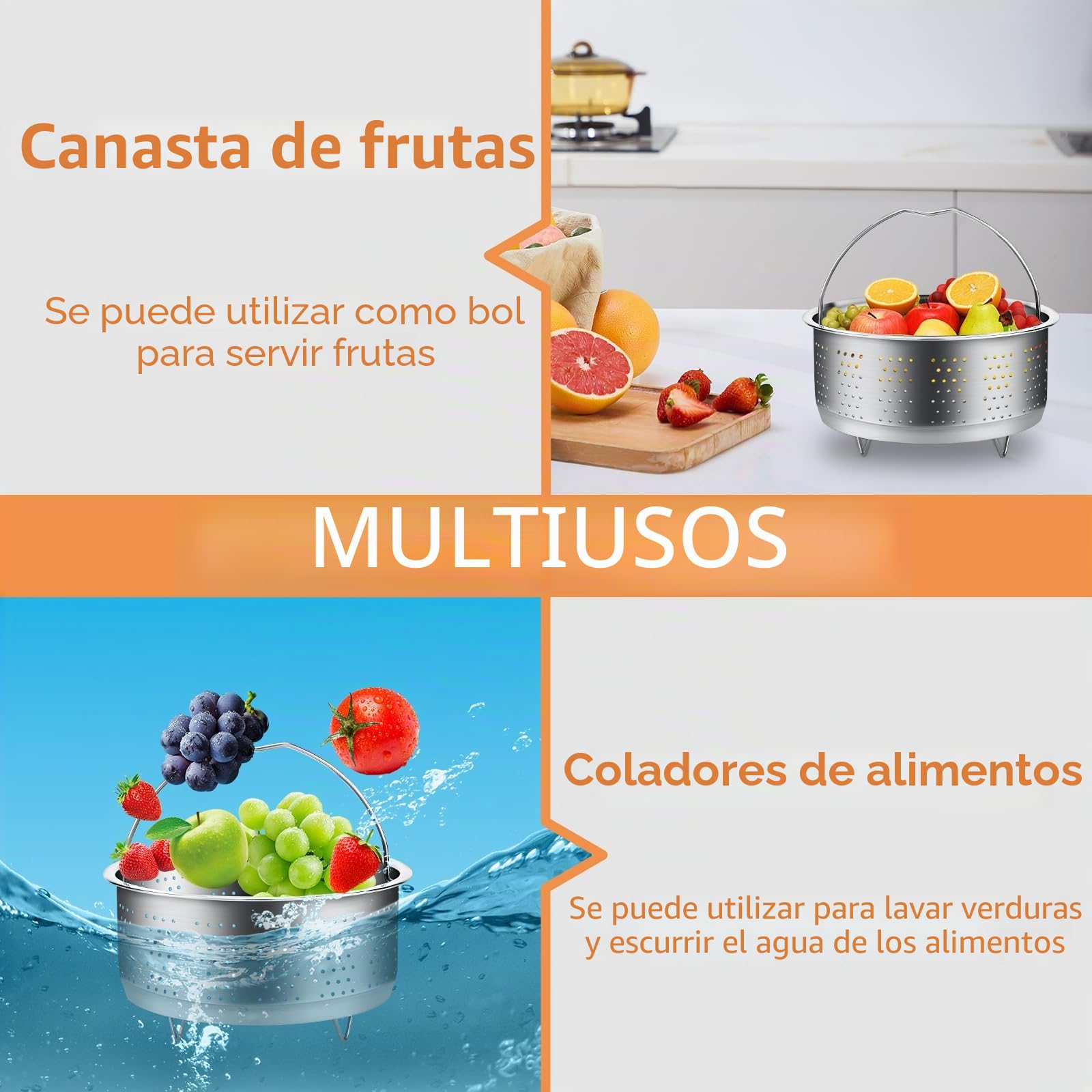 Cesta de Vapor Inoxidable 304, Vaporera Multiusos con Mango para Verduras, Pescado, Huevos