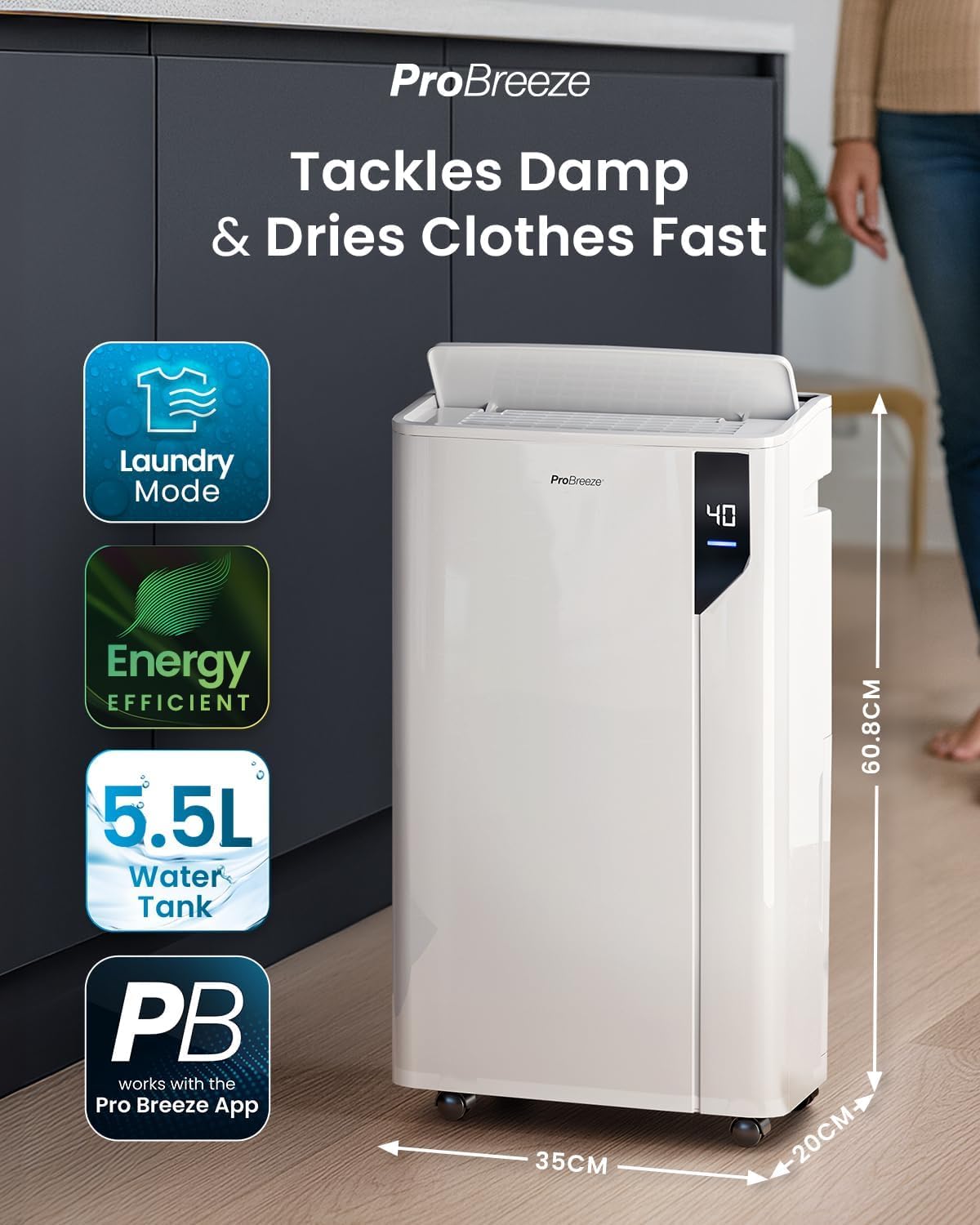 Pro Breeze® Deumidificatore Intelligente 20L/Die con Wi-Fi Sensore di Umidità Filtro a Carboni Attivi per Muffa e Umidità Modalità Bucato – per Casa Ufficio Camera da Letto