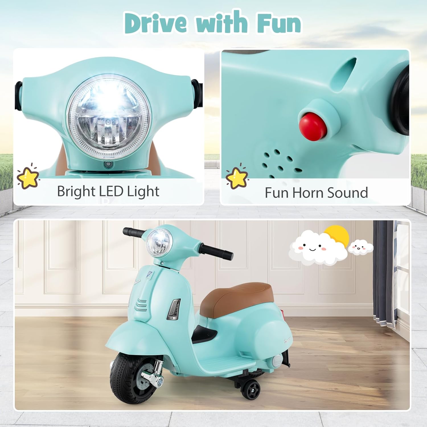 Costzon Toddler Motorcycle, Licensed Vespa Ride on Motorcycle with Training Wheels, LED Headlight & Horn Sound, Ride on Toy, 6V Battery Powered Motorbike, Gift for Boys & Girls, 1-3 Toddlers (Blue)
