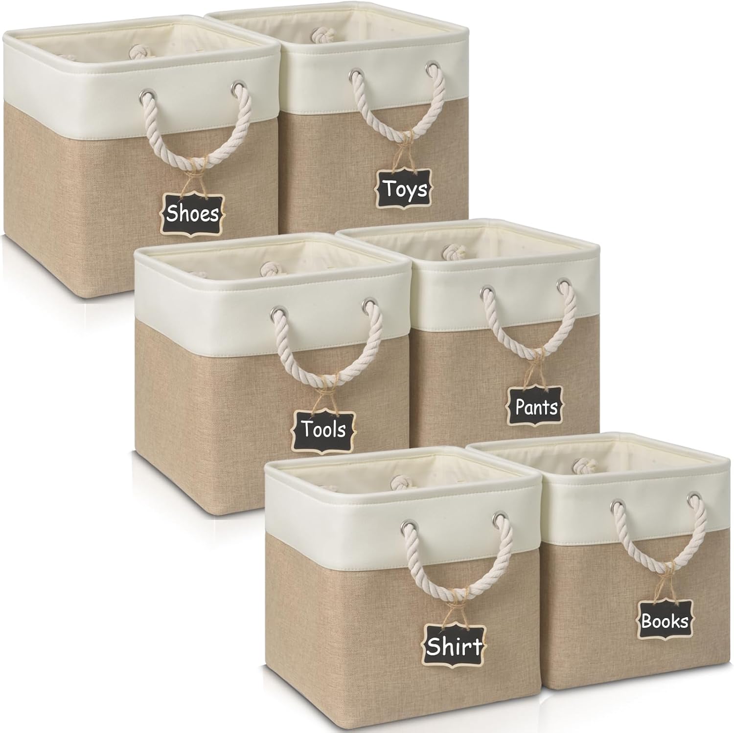 13 Inch Cube Storage Bins[6 Pack],Fabric Storage Cubes with Rope Handles, Eco-Friendly Linen Collapsible Organizers for Closet, Nursery, Toys, Office, Bathroom – Dual Color Design.(White&Pink)