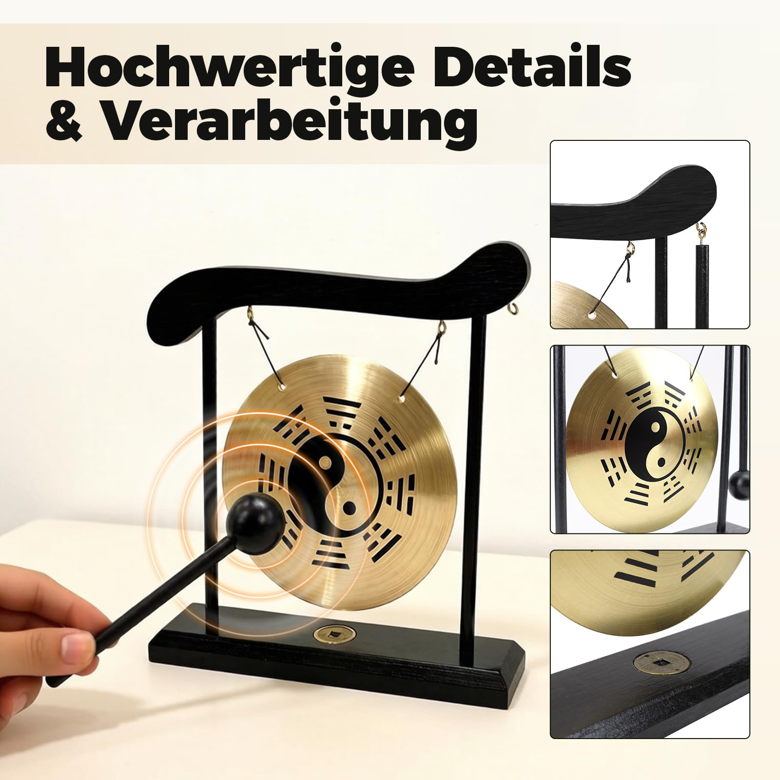 Mini Kupfer Gong mit Schlägel, Yin Yang Fengshui Deko Tischgong mit Holzsockel, Japanische Deko mit Taiji-Symbol und Klatschtafel für Zen Tischdekoration, Einzugsgeschenk (Bagua-Diagramm)