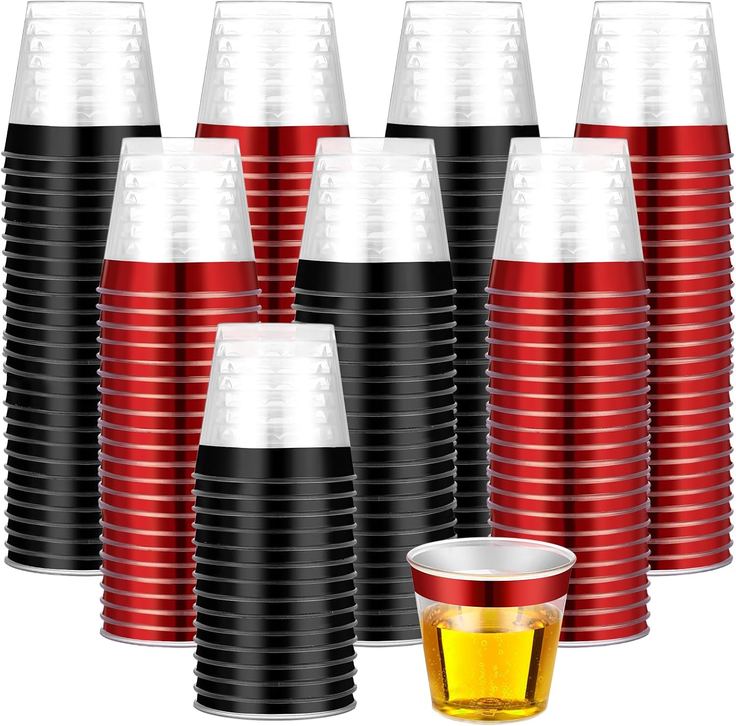Funnymoom 100 Pack 1oz Gold Black Rimmed Plastic Shot Glasses Mini Plastic Wine Drinking Shot Cups Clear Disposable Party Cups Tasting Sample Containers for Weddings Graduation Engagement Whiskey