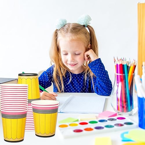 Miniatura 5 de Whaline 50 vasos de papel para el regreso a la escuela, 9 onzas, diseño de lápiz amarillo, tazas desechables para la temporada escolar, tazas de