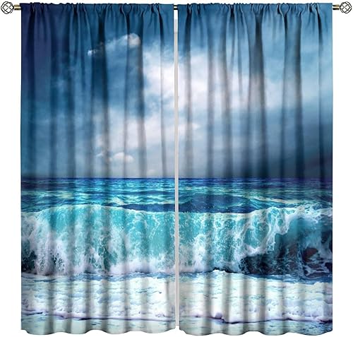 Cortina de playa con estampado de olas azules hawaianas tropicales para verano, cortinas decoradas para dormitorio, sala de estar, bolsillo para