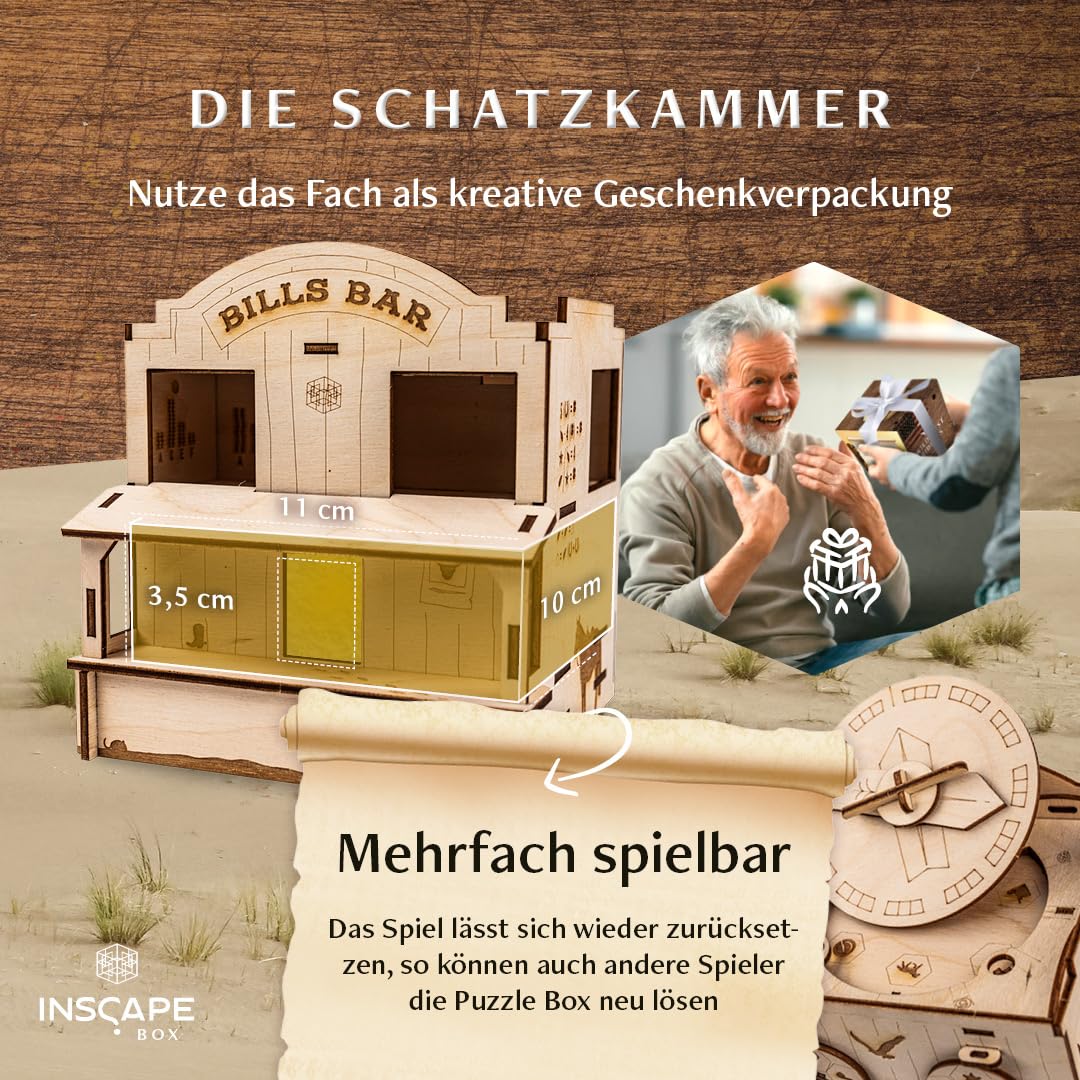 INSCAPE Wild West Riddles- Rätselbox Holz - Puzzle Box - Escape Room Spiel Erwachsene und Kinder - Knobelspiele für Erwachsene - 3D Holzpuzzle - Cluebox - Denkspiele