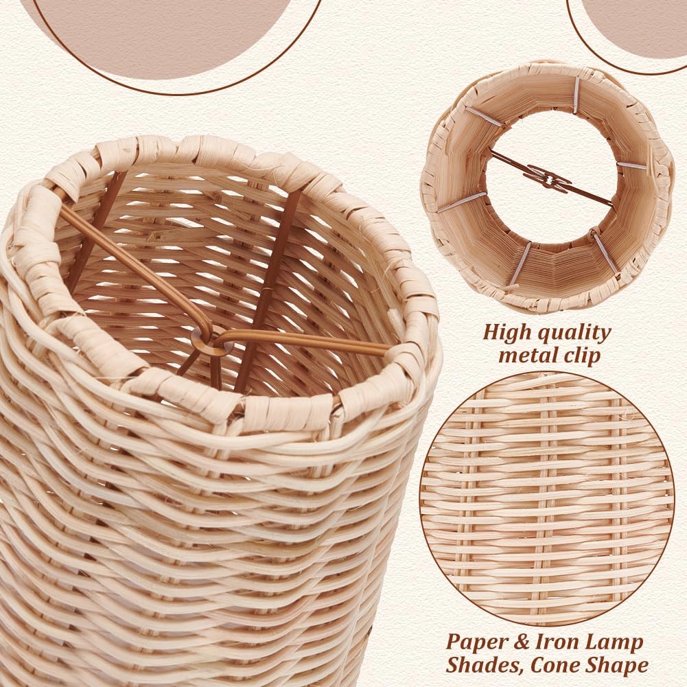 UNICRAFTALE 2 Pcs Clip On Rattan Chandelier Lamp Shade Small Lamps Shades Rattan Linen Cone Woven Mini Shades for Candle Bulb Table Wall Lamp 5.24x5.91 Inch