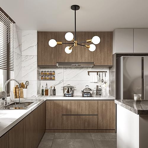 Miniatura 3 de KAISITE Lámpara de araña moderna Sputnik de 8 luces doradas, lámpara de techo colgante de altura ajustable E26 de mediados de siglo para sala de