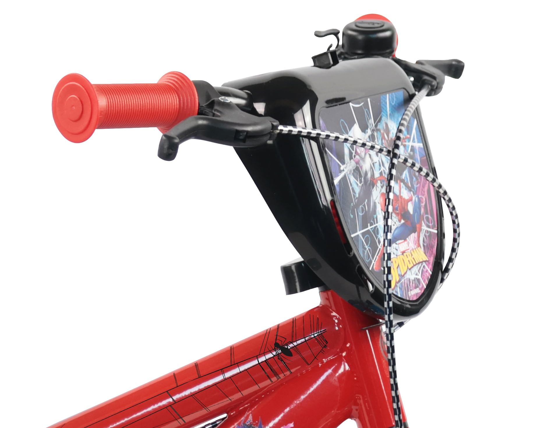 Velo 14 Pouces Spiderman équipé de 2 Freins, Plaque Avant décorative, bidon arrière, Roues à Rayons, pneus gonflables, stabilisateurs Amovibles et eclairages LEDs Inclus
