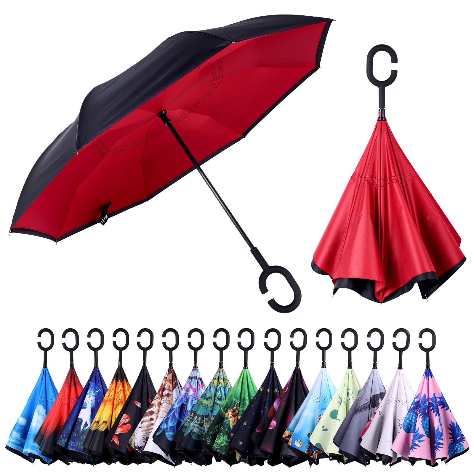 Wxjiahetai Inverted Umbrella, 49 Inch Double-Layer Vented Reverse Umbrella, Windproof Waterproof UV Protection, Lightweight C-Handle, Fiberglass Ribs,