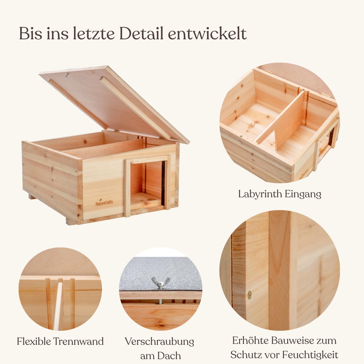 NatureCrafts Premium Igelhaus - Wasserdichtes Igelhaus mit Boden & 1,5cm dicken Wänden & doppelter Belüftung - Verstellbares Labyrinth mit begehbarem Tunnel Holz Winterhaus Garten - 45x34x20cm