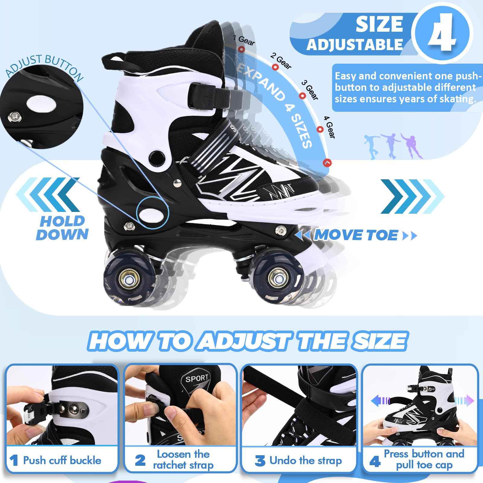 LOKJIJI Pattini a rotelle per bambini ragazze ragazzi principianti, 4 misure regolabili per bambina e bambino con ruote luminose, pattini a rotelle viola e bianco per lo sport