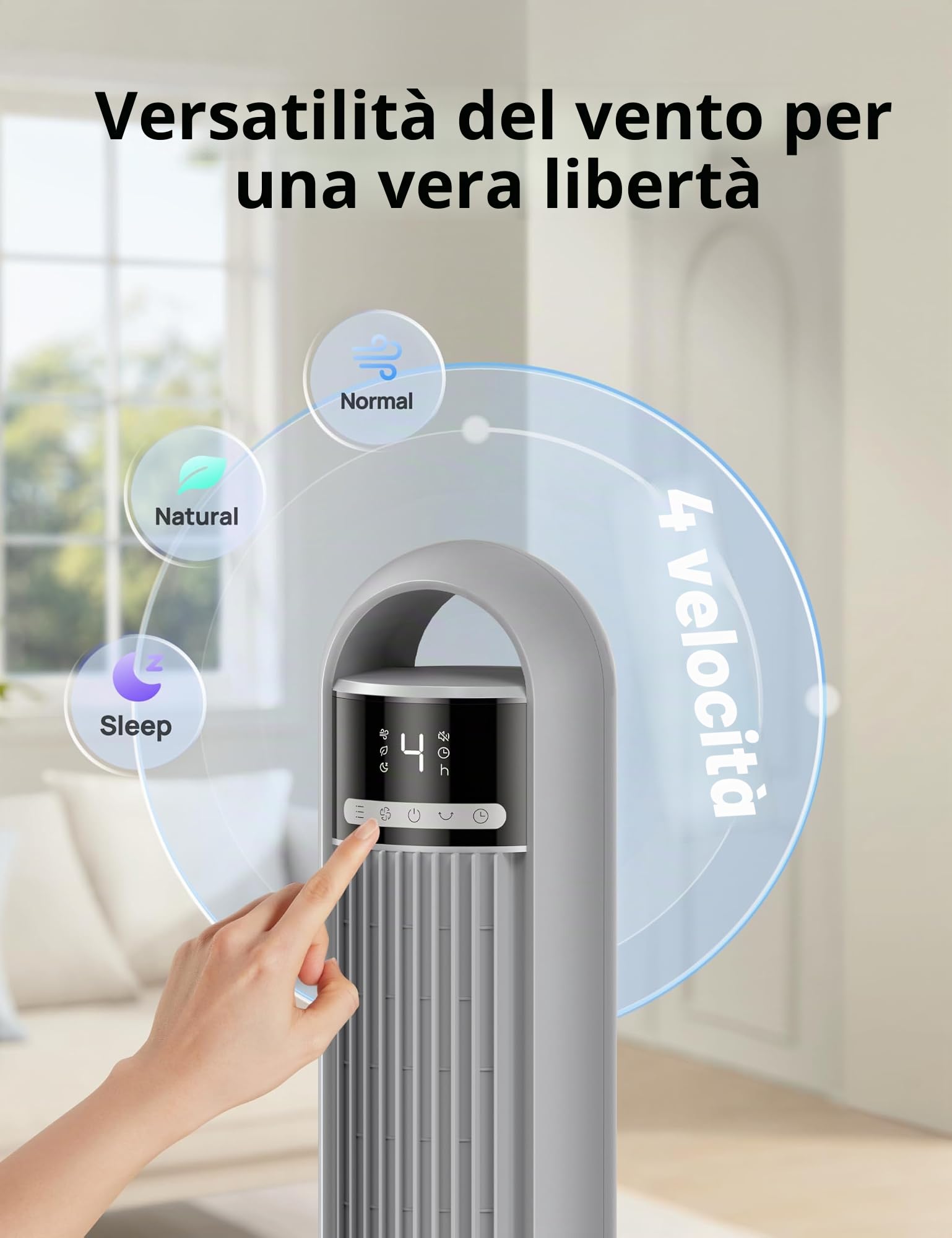 Dreo - Ventilatore a torre per camera da letto, 4 velocità, 3 modalità di ventilatore da terra per camera con oscillazione di 90° di larghezza, 28dB silenzioso per dormire, velocità di 7,6 m/s