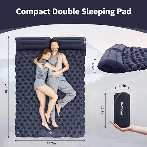 Miniatura 5 de Colchoneta de dormir doble para acampar, ultraligera, autoinflable, para 2 personas, con almohada incorporada, almohadilla de aire portátil para