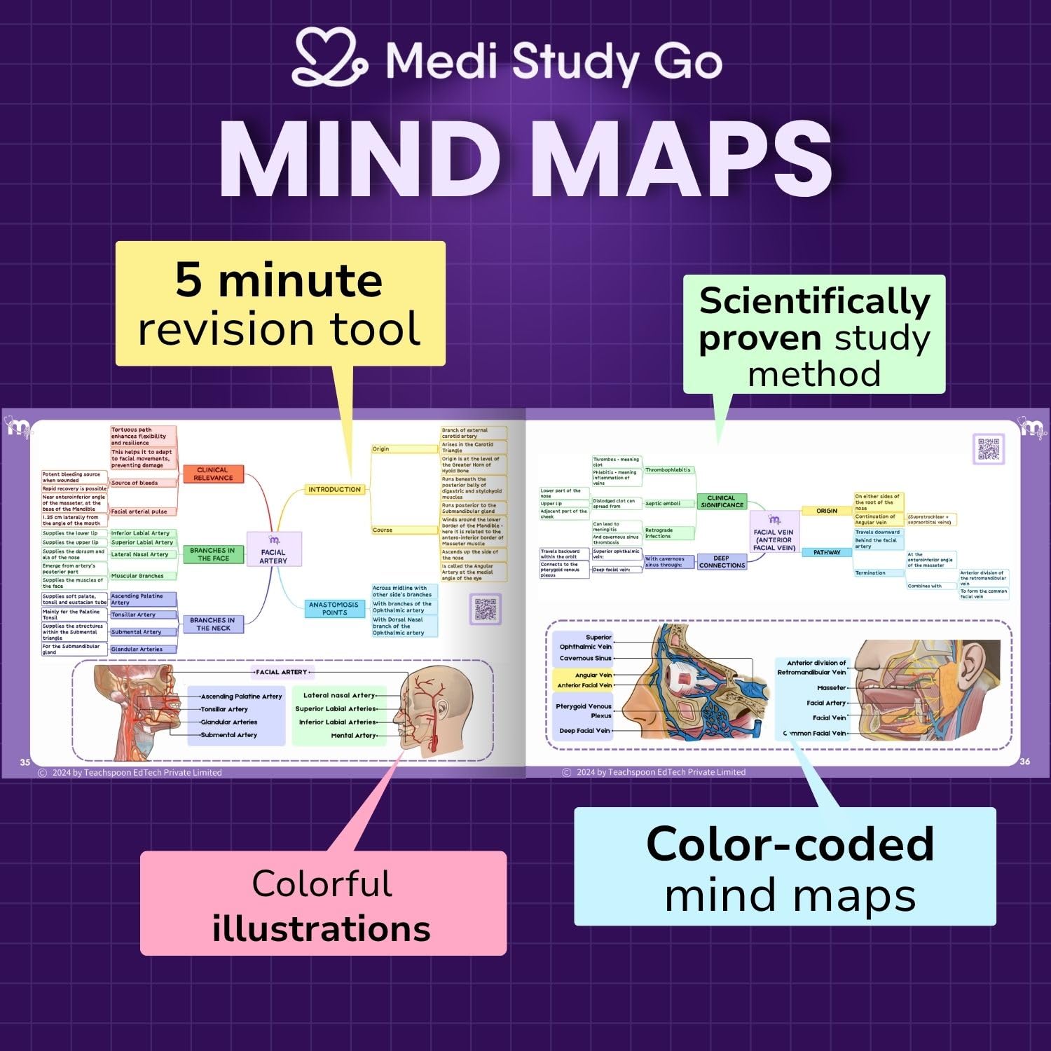 Inside pages of MEDI STUDY GO Mind Maps book showing colorful illustrations and mind map structure.