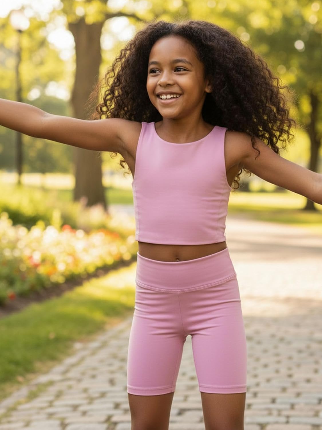 WELAKEN Girls 2 Piece Athletic Outfit Kids Yoga Crop Tank Top and Biker Shorts Set - Image 2