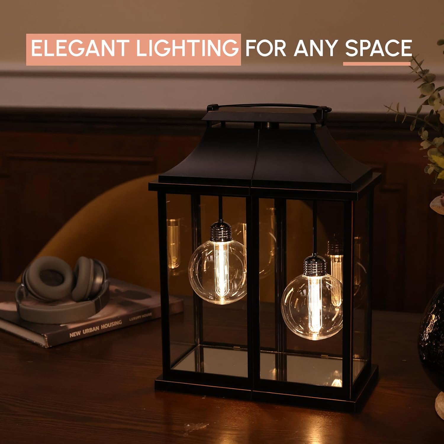Modern Farmhouse Lanterns, Black Plastic Clear Glass Shade Lanterns Decor –3AA Battery Powered, with 2 G100 LED Vintage Bulbs & Timer(6/18),Ideal for Porch, Patio, Indoor Tables & Mantelpiece.
