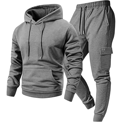 Men Tracksuit 2 Piece Hoodie Jogger Set Cargo Pocket Fleece Sportswear | Soft warm fleece, athletic sweat suit set, drawstring sweatpants with cargo pockets, relaxed comfortable joggers fit