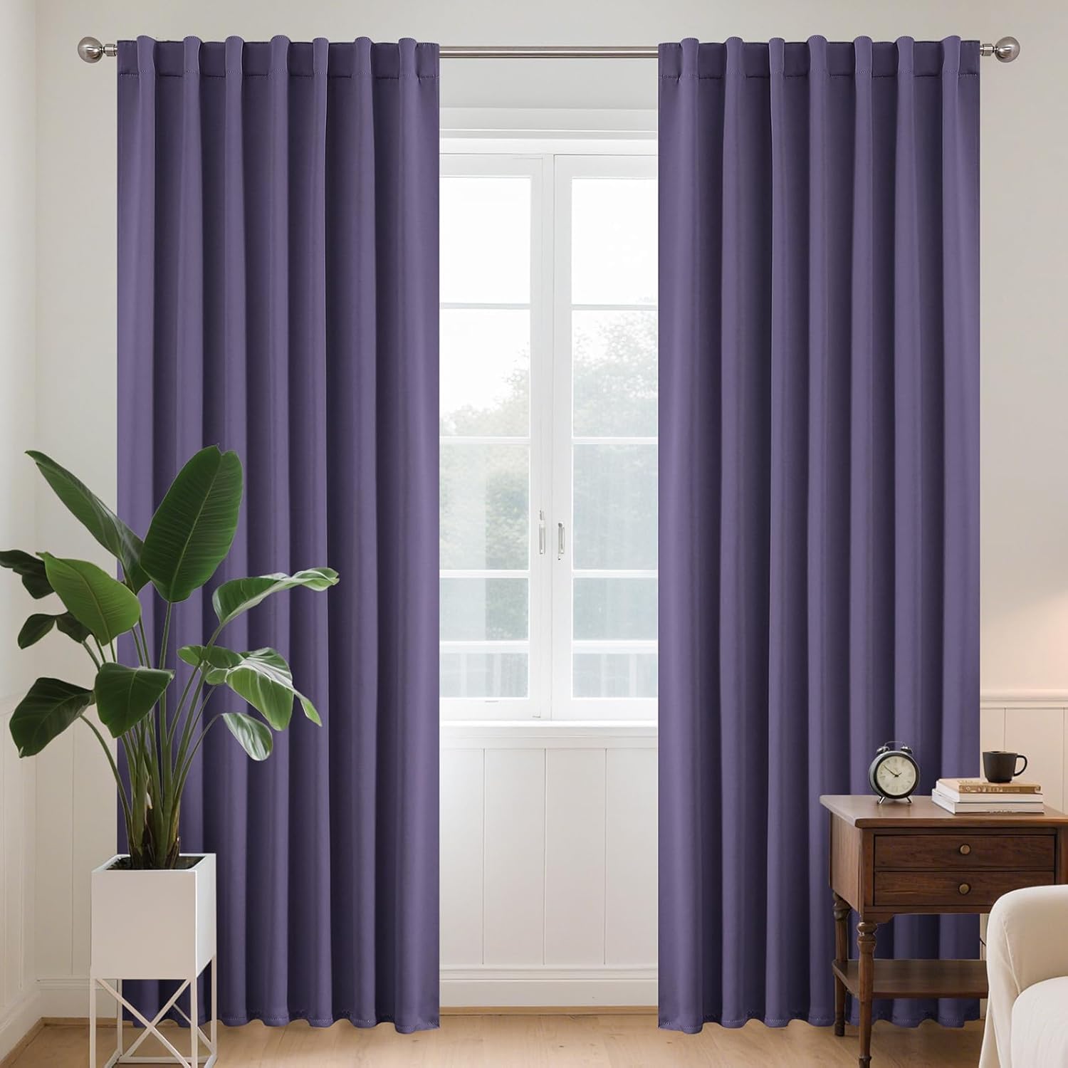 Joydeco Violet Blackout Curtains 55x102 Inch Drop 2 Panels, Back Tab and Rod Pocket 85% Light Blocking Thermal Insulated Curtain Panels for Room Darkening and Noise Reducing