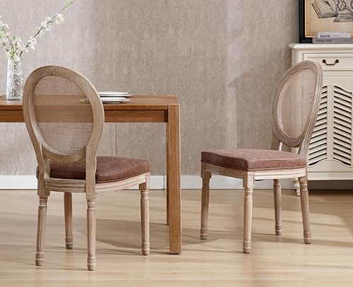 Miniatura 113 de chairus Juego de 2 sillas de comedor de ratán de granja, sillas de campo francesas de cuero con respaldo redondo, sillas laterales ovaladas para