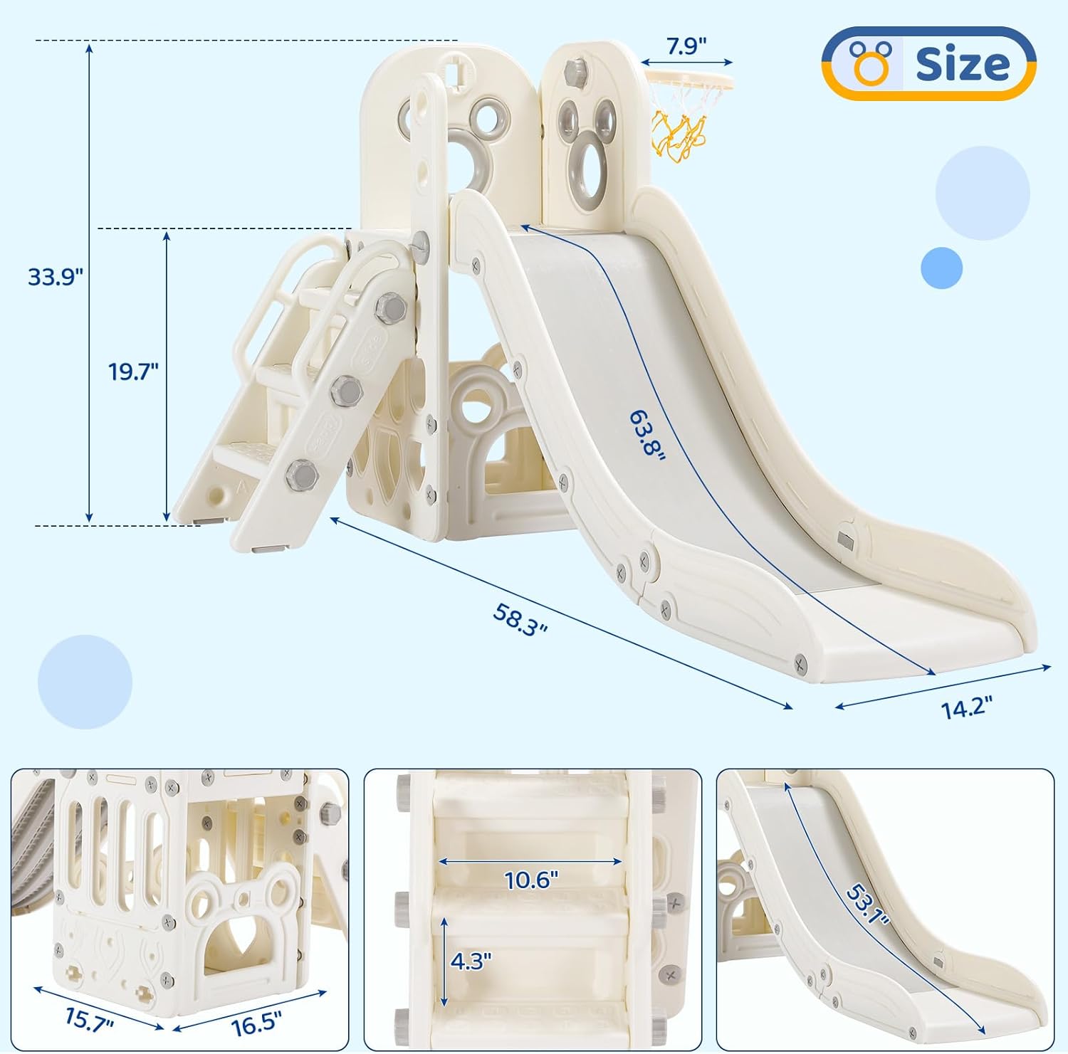 Arlopu 6 in 1 Toddler Slide, Kids Sturdy Slide with Basketball Hoop and Telescope, Non-Slip Steps, L-Shaped Baby Indoor and Outdoor Climber Playground Playset (White)