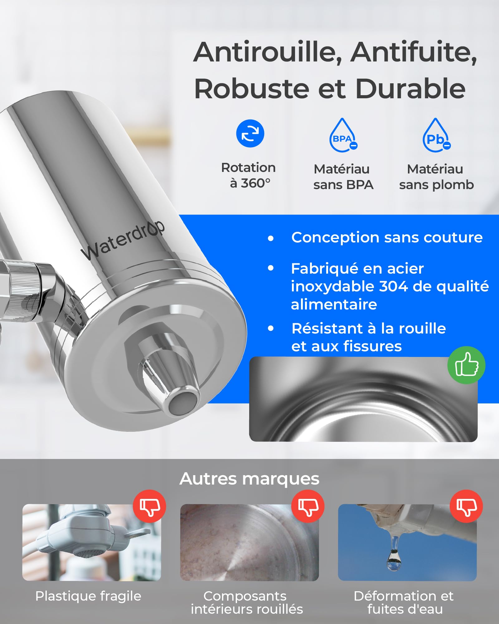 Filtre à Eau de Robinet Waterdrop WD-FC-06 Acier Inoxydable Système Filtration Bloc Carbone 4 Filtres