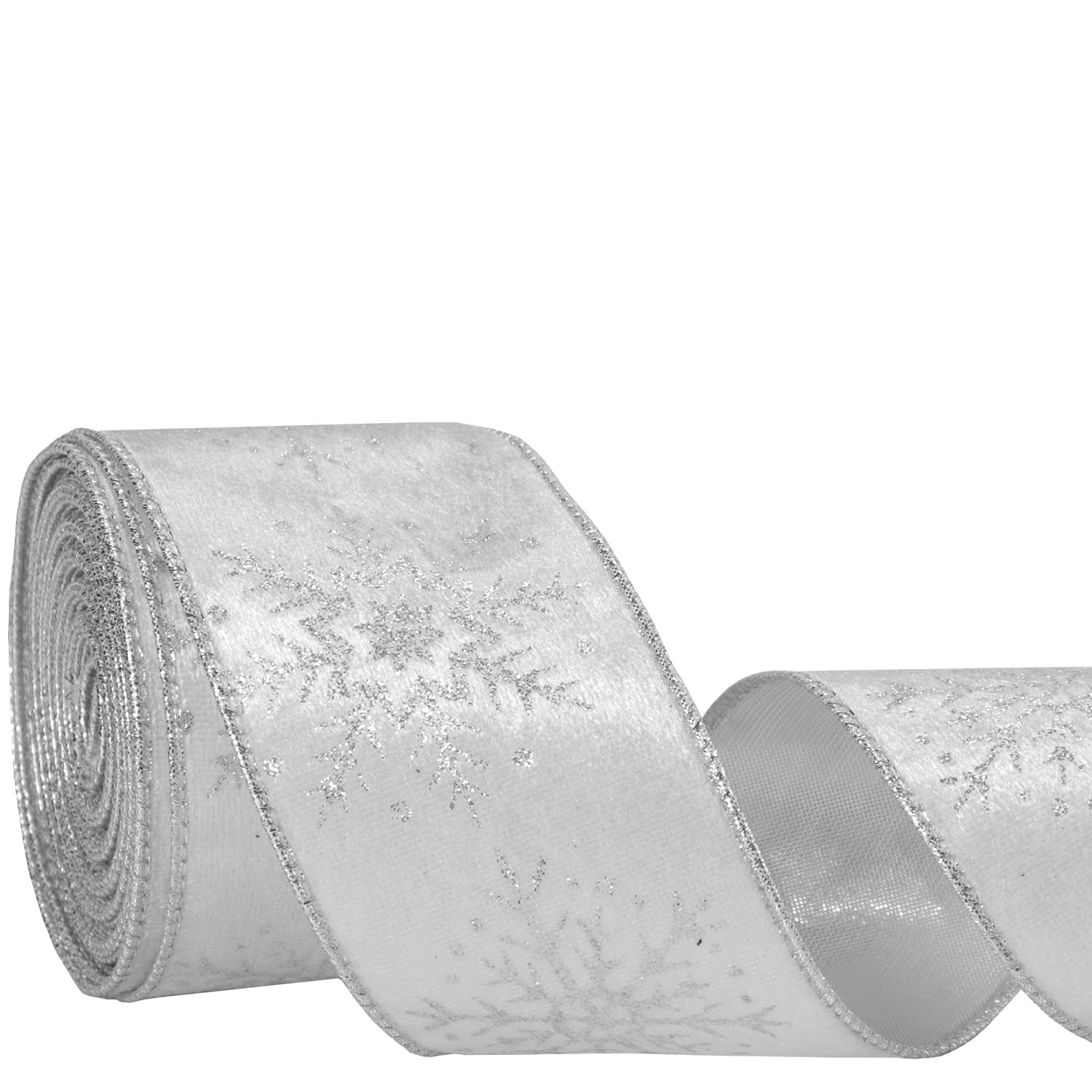 Velvet Wired Ribbon with Glitter Snowflake for Christmas Tree Decorations, Gift Wrapping, Wreath Bow Making,DIY Crafts, 6.3cm x 10 Yards (White)