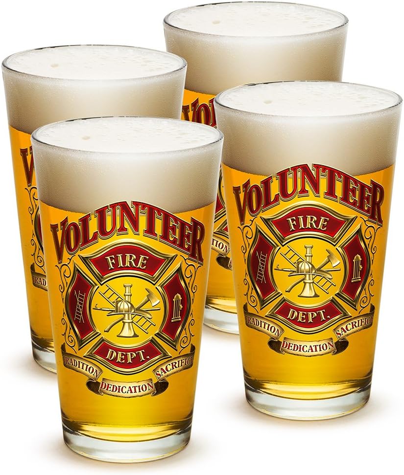Erazor Bits Firefighter Fireman - Volunteer Fire fighter - Classic Premium Beer Pint Glasses 16 Ounce - Set of 6 - Highball Cocktail Mixing Glass - Perfect for Cold Beverages - With Logo