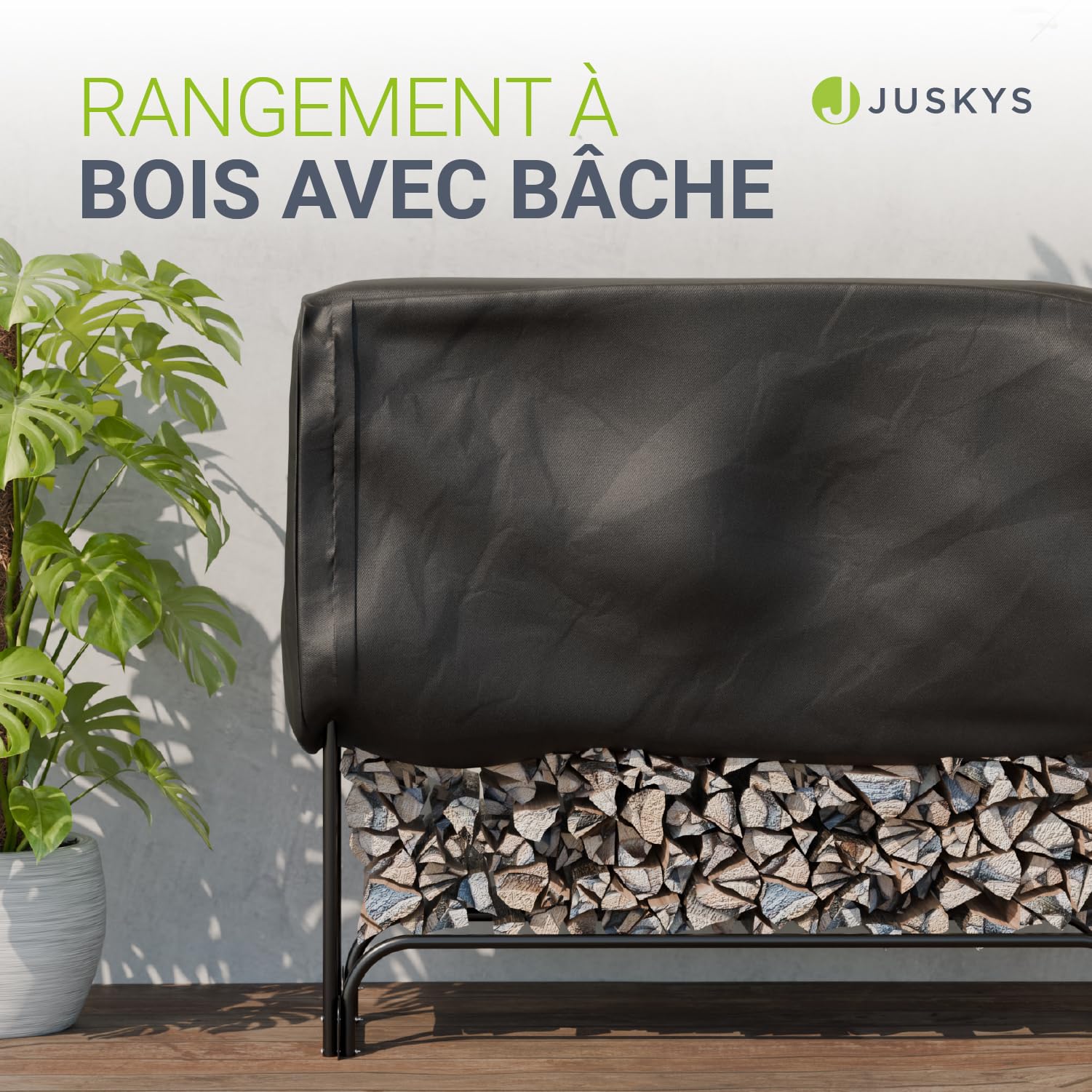 Juskys range-bûches L 260 x 117 x 36 cm noir support à bois de chauffage en acier avec housse Oxford abri à bois extérieur charge 300 kg