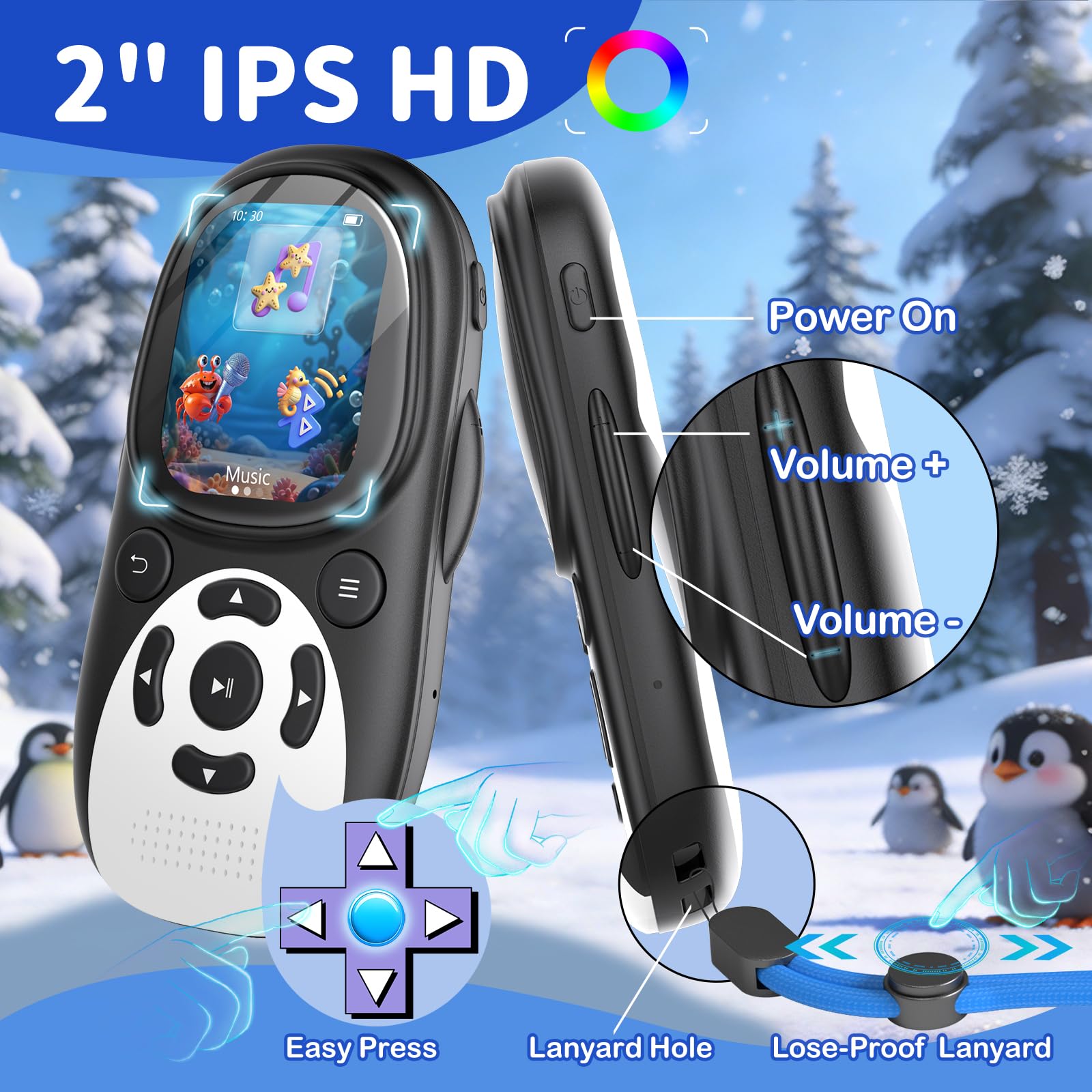64GB MP3 Player Kinder, Bluetooth 5.3 Lautsprecher Pinguin Design Tragbarer Musikplayer mit 2" IPS Bildschirm, FM Radio, Sprachrecorder, Wecker, 128GB Erweiterbar