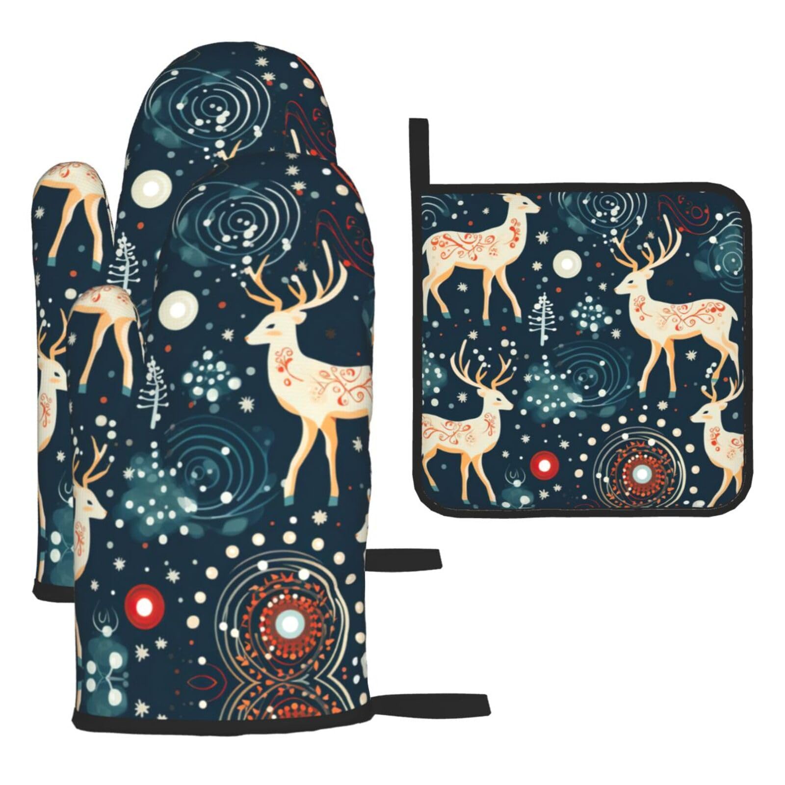 Christmas Tree and Deer Elk Print Oven Mitts and Pot Holders Sets of 4,Resistant Hot Pads with Non-Slip Gloves for Kitchen,Cooking