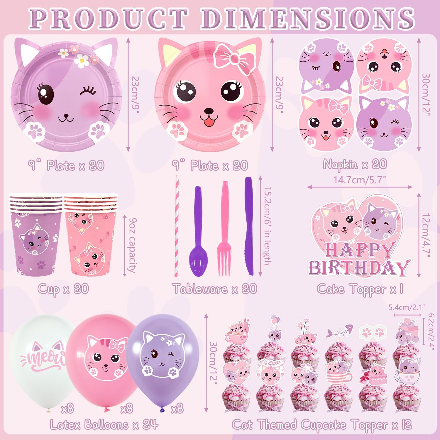 Cat Birthday Party Supplies Set, Kitten Tableware Includes Happy Birthday Backdrop, Plates, Tablecloth, Cups and Straws for Kids Cat Party Decorations, Serves 20 Guest - Image 2