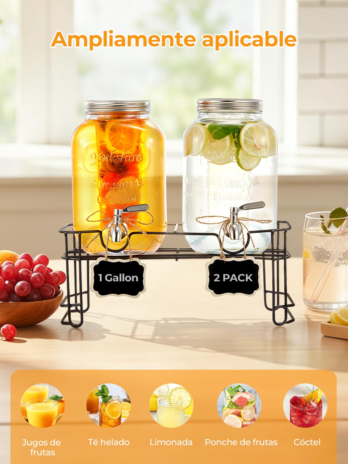 Dispensador de bebidas de vidrio con grifo, paquete de 2 dispensadores de bebidas de vidrio con soporte, espiga de acero inoxidable a prueba de fugas, cilindro de hielo, para Navidad, barbacoa, picnic