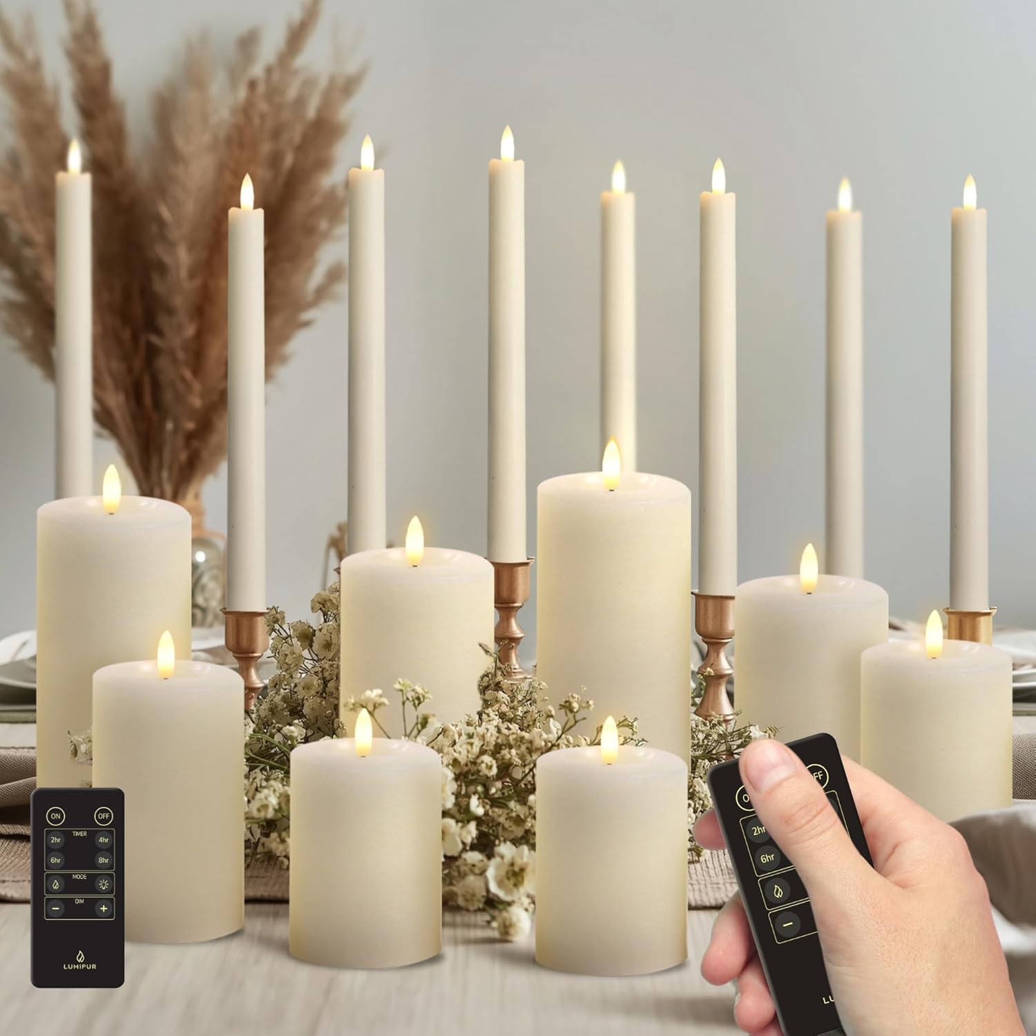 LumiPur Essentials Centerpiece Collection 18 Piece Flickering Flameless LED Paraffin Wax Candle Set Includes 8 Pillar Candles 3" 4" 5" 6" 7" Heights and 8 Taper Candles 1" x 9" with 2 Remote Controls