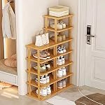 SAN HE Bamboo Shoe Rack 12 Tier- Vertical Shoe Rack for Small Spaces, Tall Narrow Shoe Rack Organizer for Closet Entryway Corner Garage and Bedroom,Skinny Shoe Shelf with Free Stackable DIY