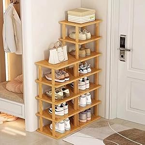 SAN HE Bamboo Shoe Rack 12 Tier- Vertical Shoe Rack for Small Spaces, Tall Narrow Shoe Rack Organizer for Closet Entryway Corner Garage and Bedroom,Skinny Shoe Shelf with Free Stackable DIY