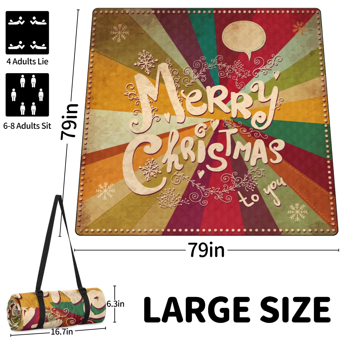 Shimoshe Extra Large Picnic Blankets 79”x 79”, Retro Merry Christmas Waterproof Foldable Picnic Mat with Straps Portable Beach Blanket for Camping Park Grass Beach Indoor