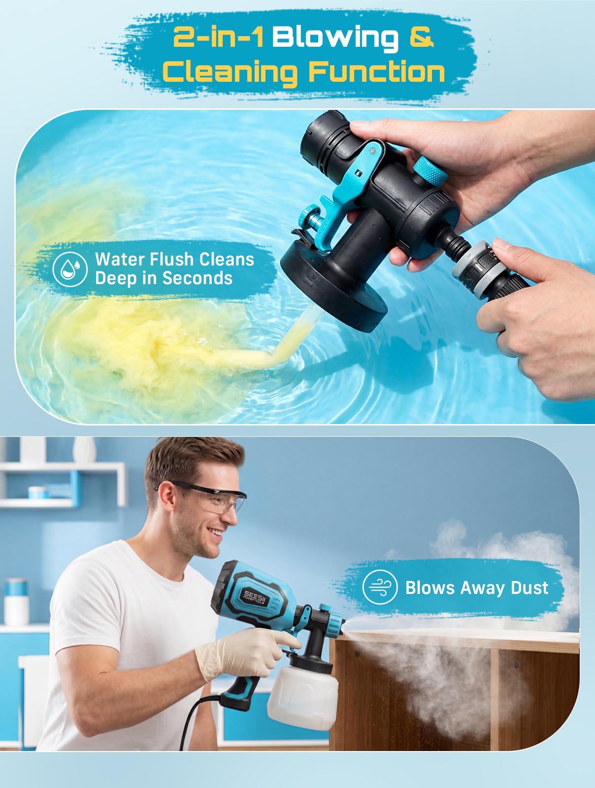 Seesii Paint Sprayer,1400ML HVLP Paint Gun with 4 Nozzles and 3 Patterns, 5 Paint Bags, Easy Clean & Adjustable Flow, Sprayer Gun for House Painting, Furniture, Cabinets, Walls, Fence, DIY Projects — view 5