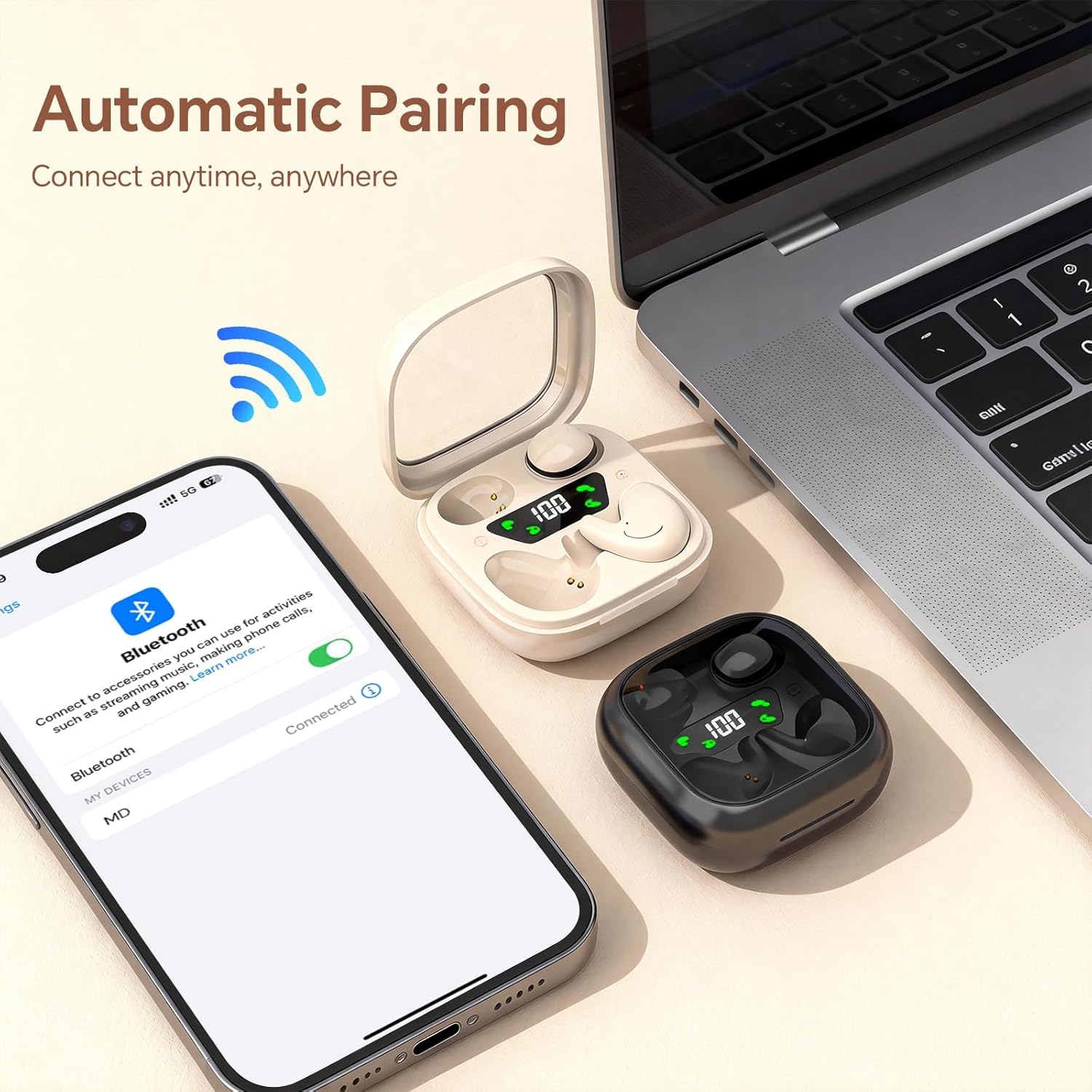 Image showing a smartphone connected to 'MD38' via Bluetooth, with the charging case and earbuds nearby.