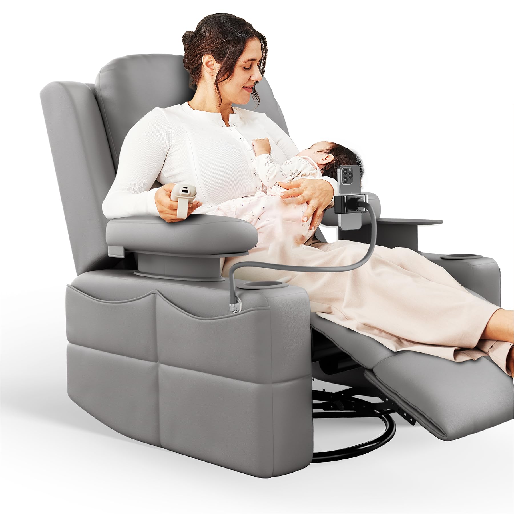 Rocking Chair Nursery with Adjustable Armrests, Electric Glider Recliner Nursing Chair for Breastfeeding, Power Swivel Recliner Chairs with USB Port and Storage, FSC Certified (Haze)