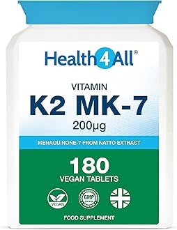 Health4All Natural Vitamin K2 MK7 200mcg from Natto, 180 Tablets 6 Months Supply, All-Trans MK-7 from Beans Fermentation, High Strength VitK2 Vitamin Supplement, Vegan Menaquinone | Made in UK