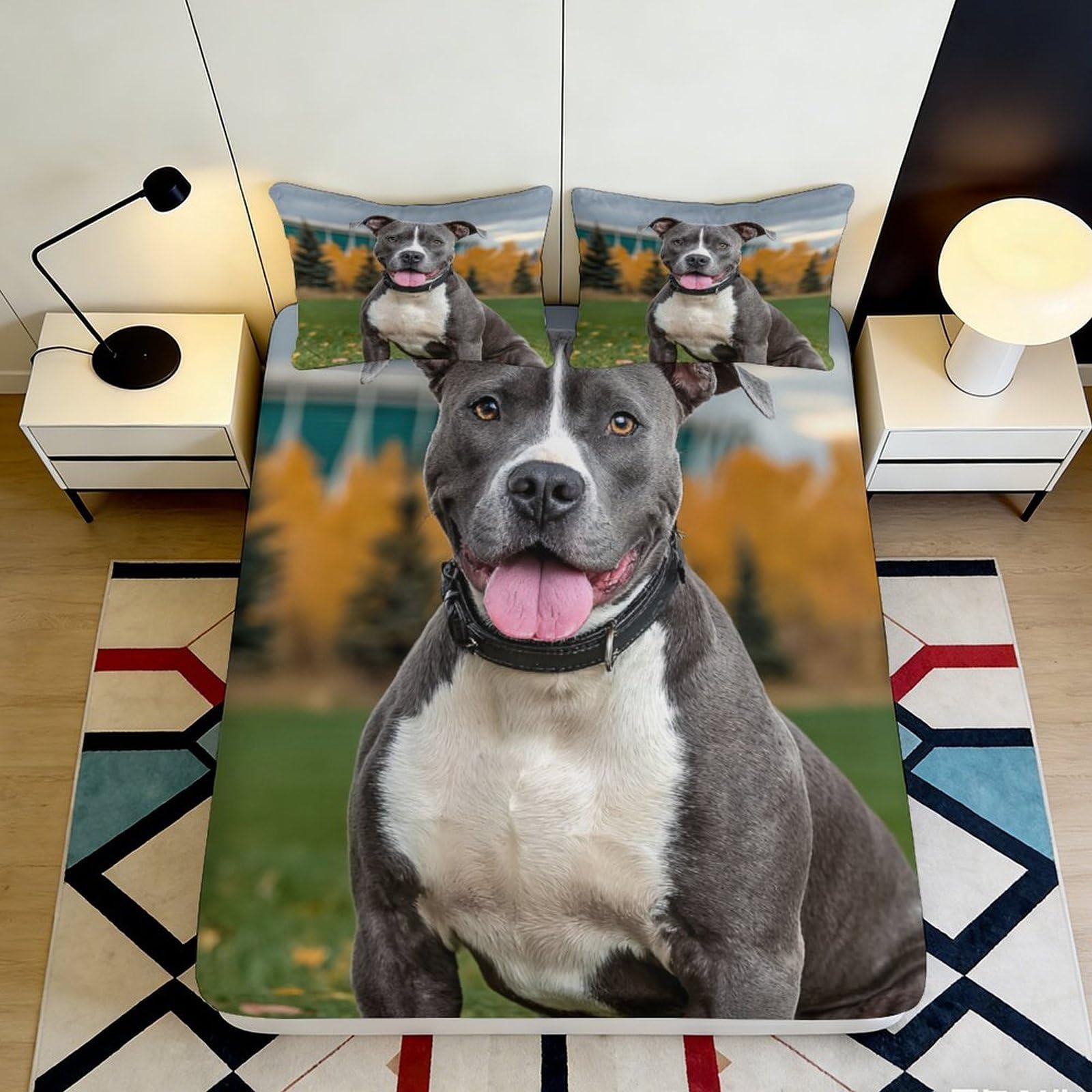 3D Printed Happy Pitbull Dog Fitted Sheet Microfiber Soft Breathable Pet Portrait Bed Cover for Bedroom Dormitory Guest Room Mattress Protection 160x200x25cm